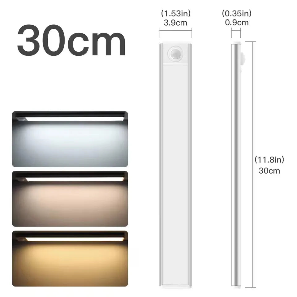 Uppladdningsbar LED-ljuslist med hög kapacitet – Aluminium, rörelsesensor och magnetfäste. Perfekt som nattlampa för trappor, garderober och skåp.