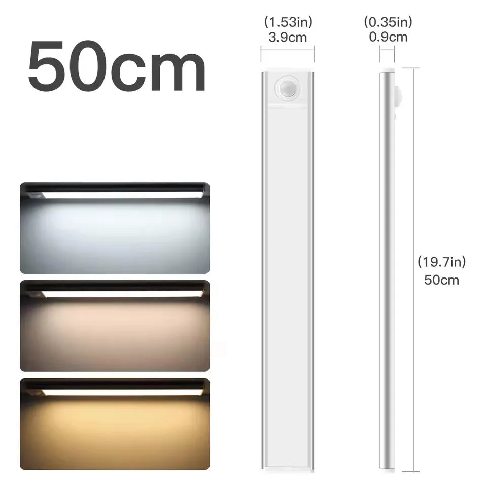 Uppladdningsbar LED-ljuslist med hög kapacitet – Aluminium, rörelsesensor och magnetfäste. Perfekt som nattlampa för trappor, garderober och skåp.