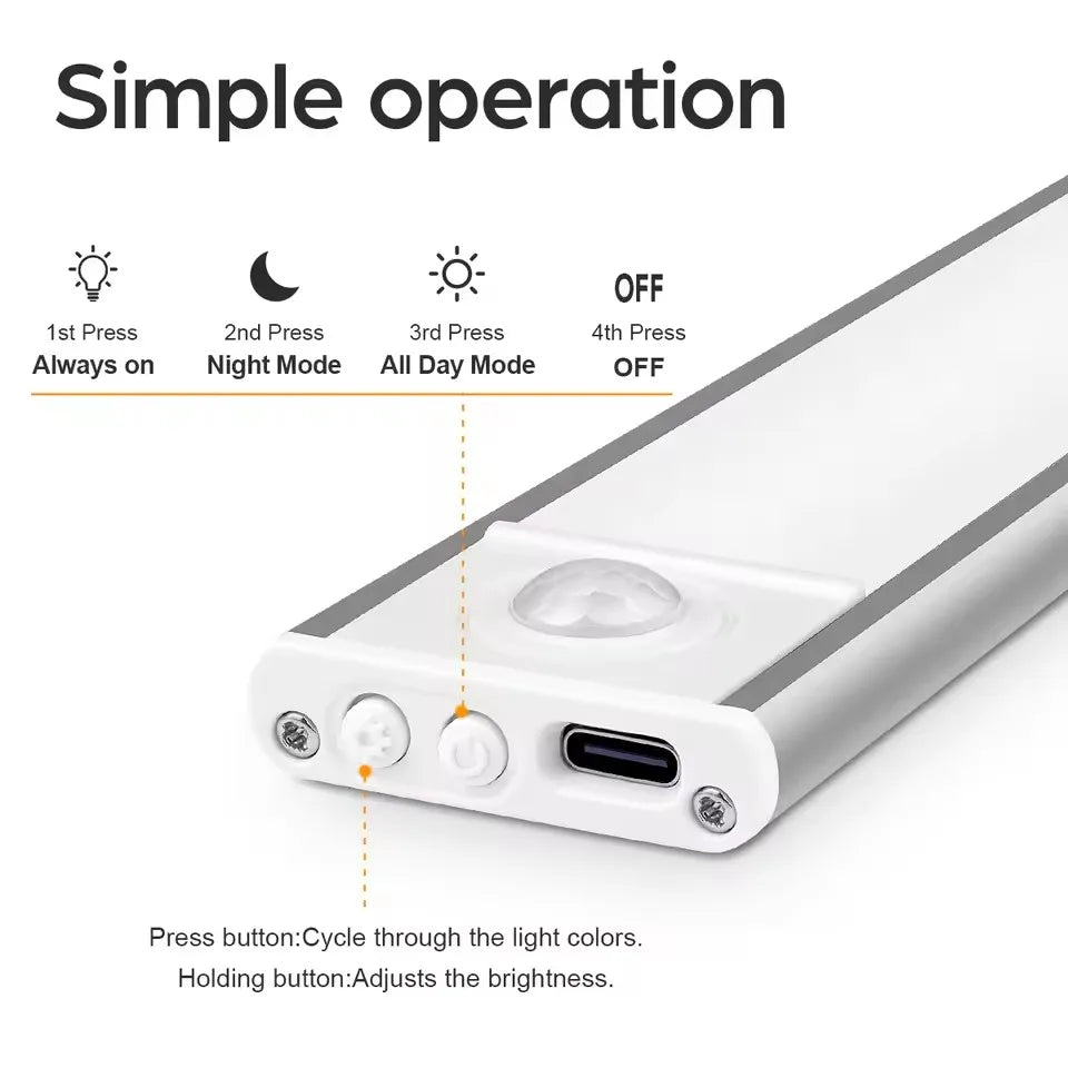 Uppladdningsbar LED-ljuslist med hög kapacitet – Aluminium, rörelsesensor och magnetfäste. Perfekt som nattlampa för trappor, garderober och skåp.